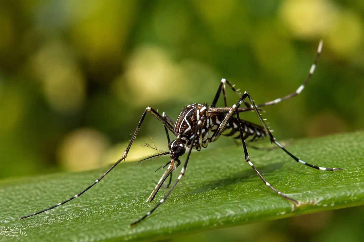 Gros plan sur un moustique tigre Aedes albopictus posé sur une feuille : corps noir, rayures blanches aux pattes et ligne blanche sur le thorax