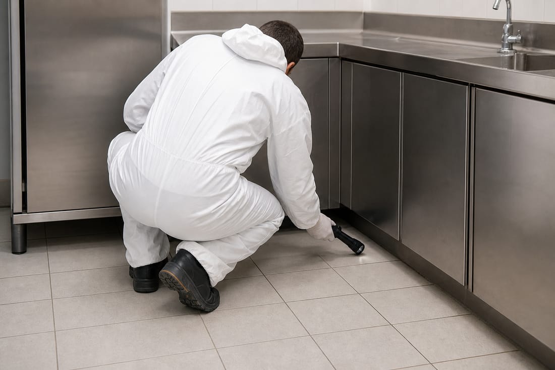 Exemple : technicien inspectant un local professionnel, vu de dos